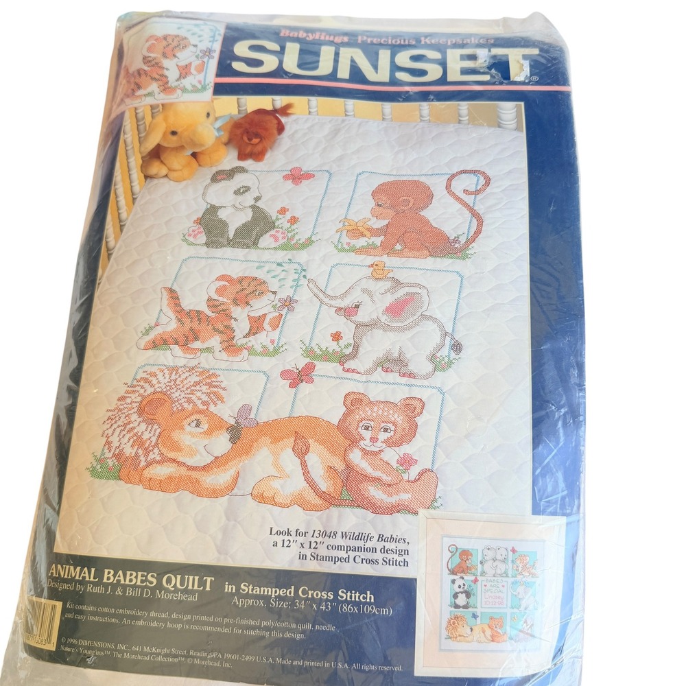 Dimensions Sunset Animal Babes Stamped Cross Stitch Quilt Kit 34x43 Vintage 1996 - Picture 2 of 3